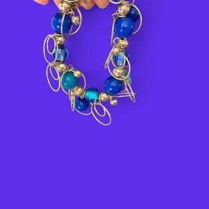 Blue and silver wire wrapped beaded bracelet